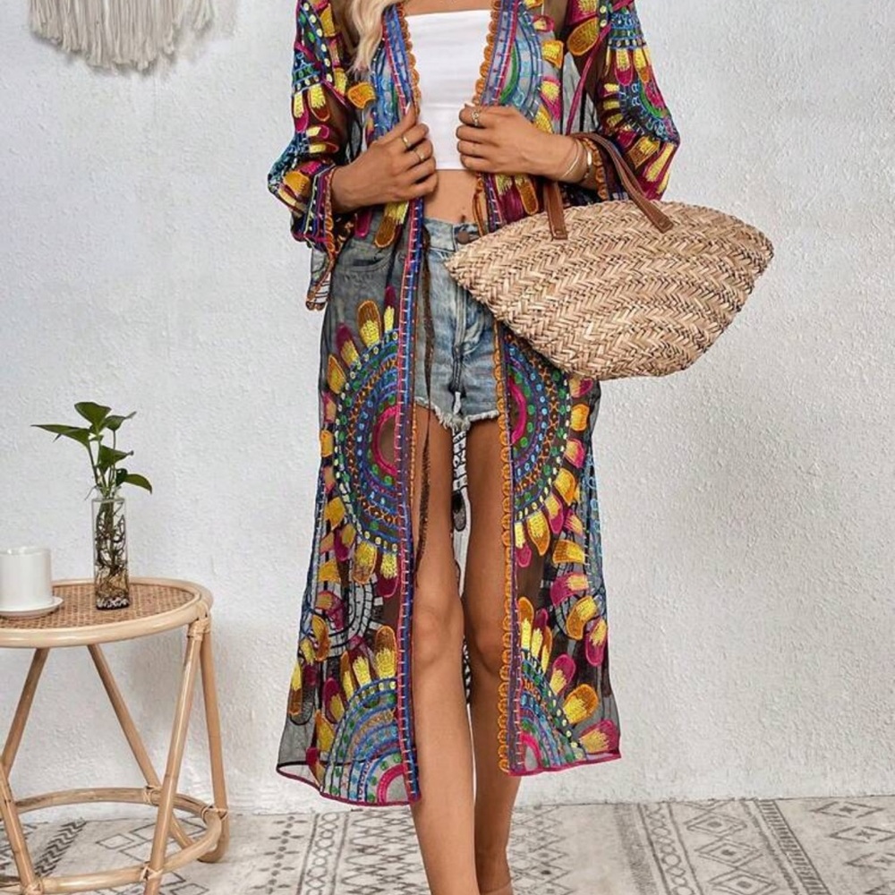 58) Colorful Bohemian Sheer Kimono embroidered NEW Women’s one size - Picture 5 of 7
